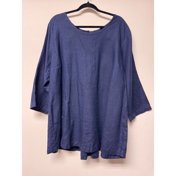 FLAX 100% Linen Navy Blue Tunic, Buttons in Back, 3/4 Sleeves, Sz 1G (18-20) - Picture 1 of 9